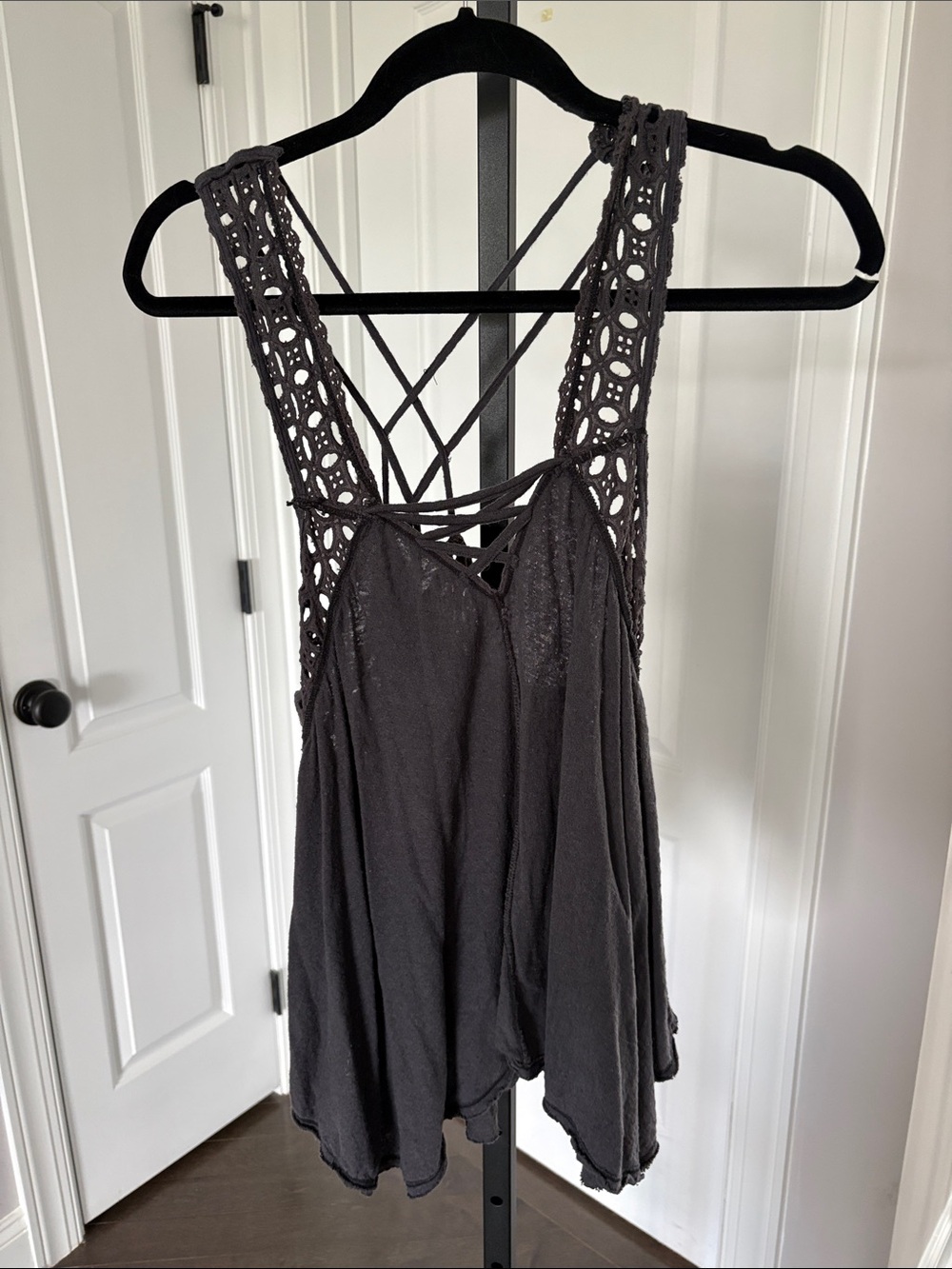 Free People Charcoal Crochet-Strap Tank with Crisscross Back